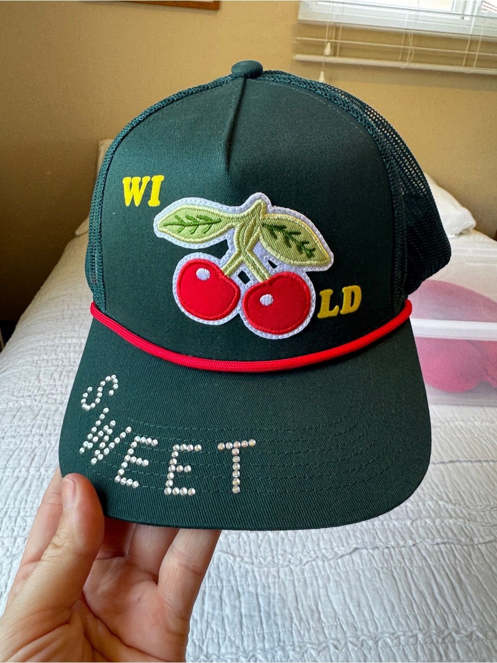 MOTHER dark green Cap with Red Cherry Patch and Yellow Accents 10-4 Hat